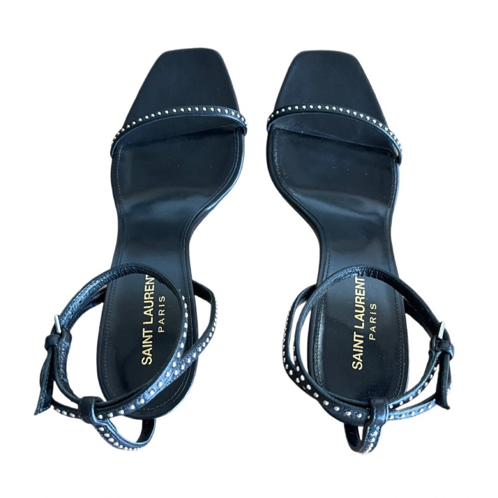 Saint Laurent Opyum 85 YSL Logo Open-Toe Heels Black Leather Tiny Studs SZ 39.5 - Picture 11 of 16